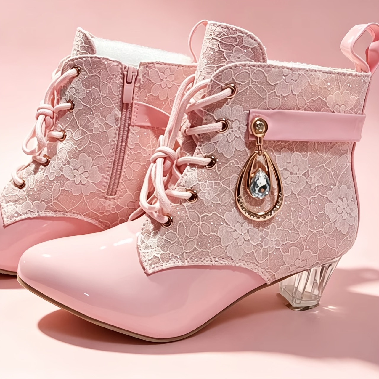 TEMU Women's Lace & Golden Glitter Short Boots - Chunky Heel Pointed Toe Round/zipper Closure Ankle Boots With Lace & Golden Accent Suitable For -
