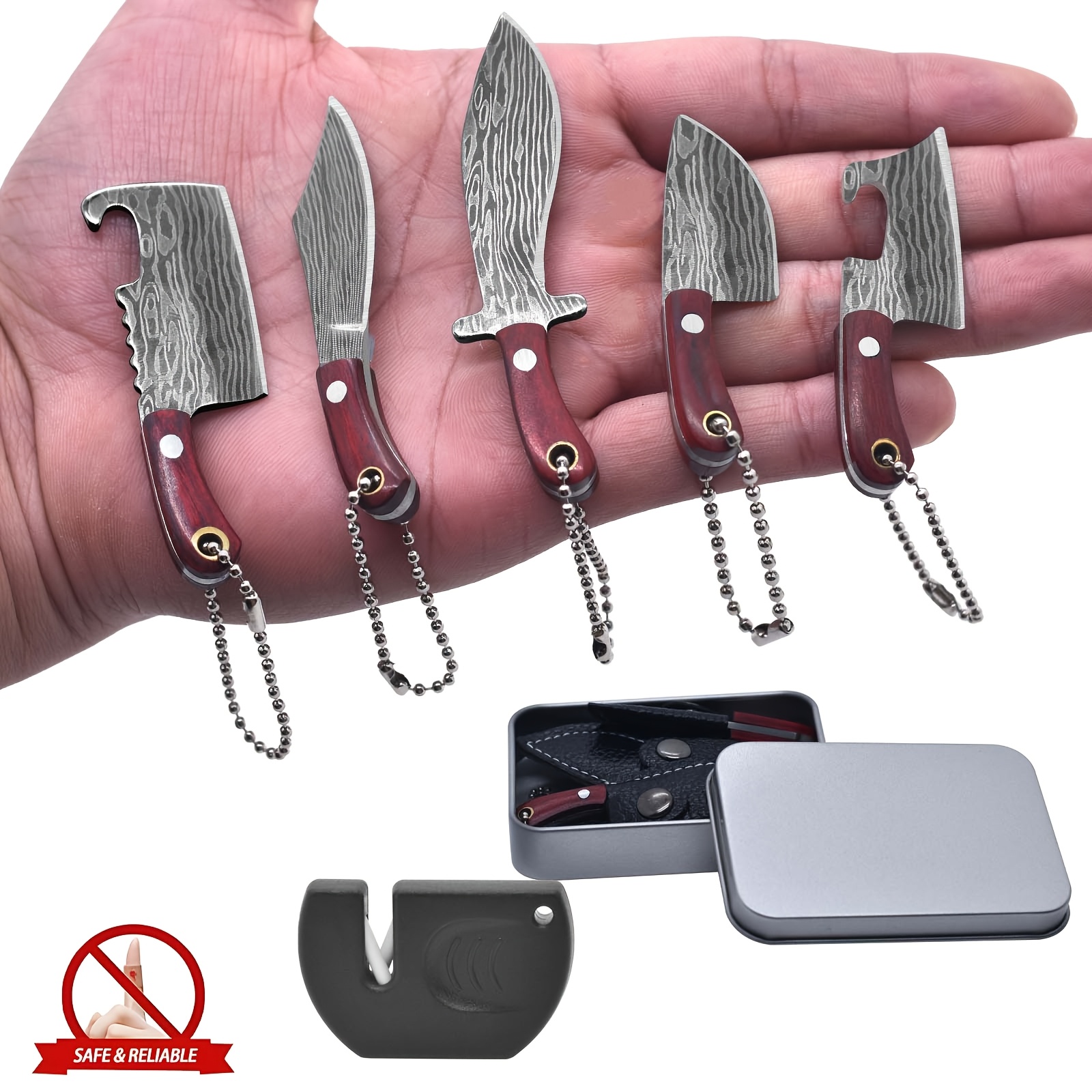 TEMU 6pcs Mini Knife Set, Damascus Pocket Knife Set With Sharpener, Knife Edc Knives Set, Tiny Knife Keychain Tiny Things For Package , , Letter