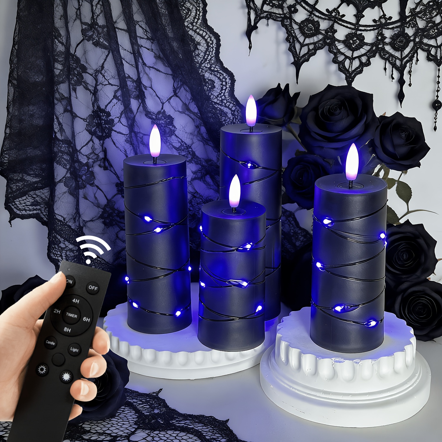 TEMU Lot de 4 bougies colonnes noires avec guirlande lumineuse extérieure - Bougies LED, décoration d'Halloween, avec télécommande (piles non