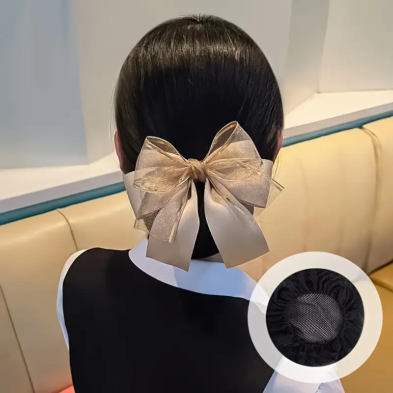 1pc elegant ribbon bow chic professional hair accessory nurse hotel staff hair clip with net cute knot work hairpin Product details 9