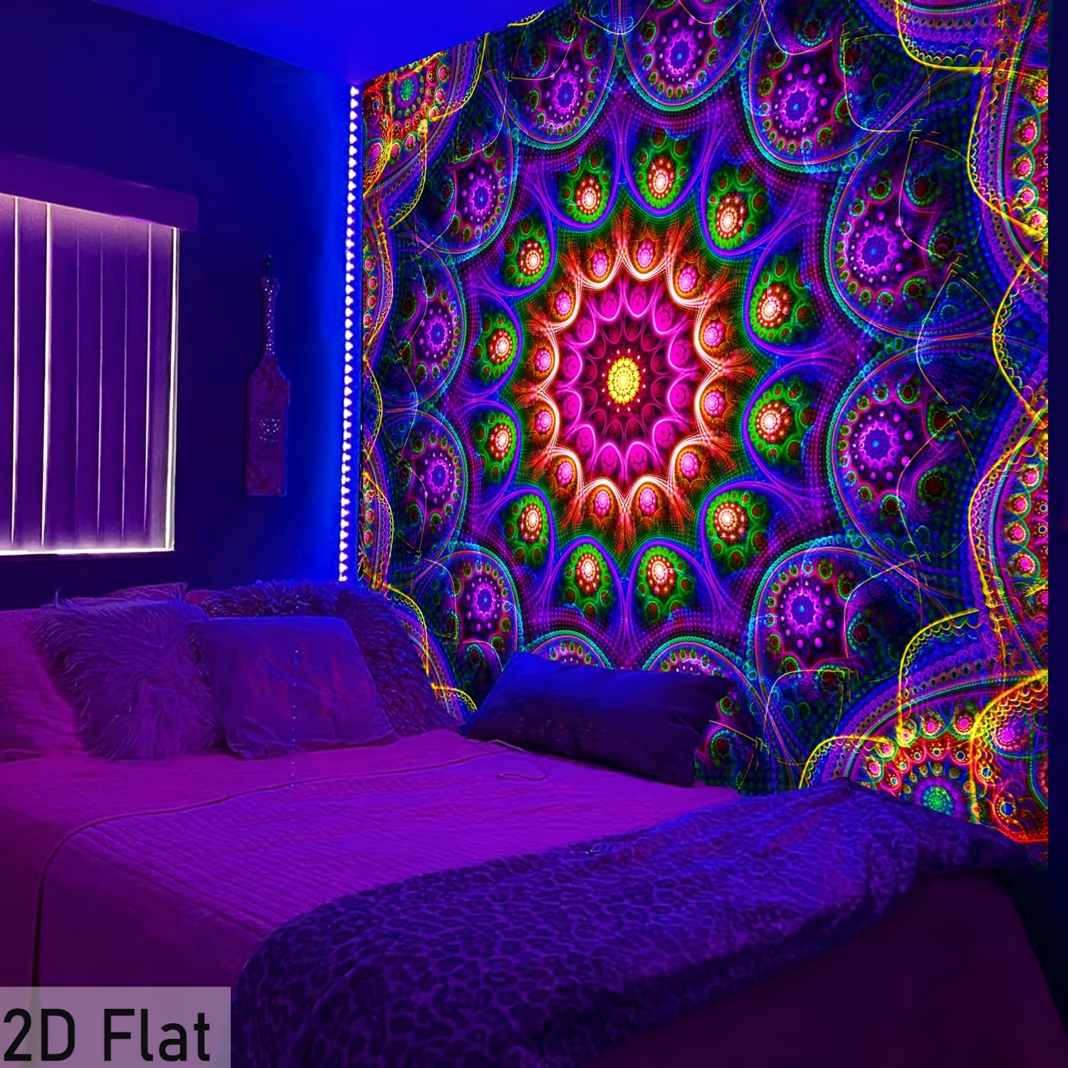 2d flat 2d flat 1pc 2d flat bohemian mandala fluorescent tapestry hippy colorful polyester uv blacklight tapestry wall hanging for living room bedroom office home decor party decor with free installation package