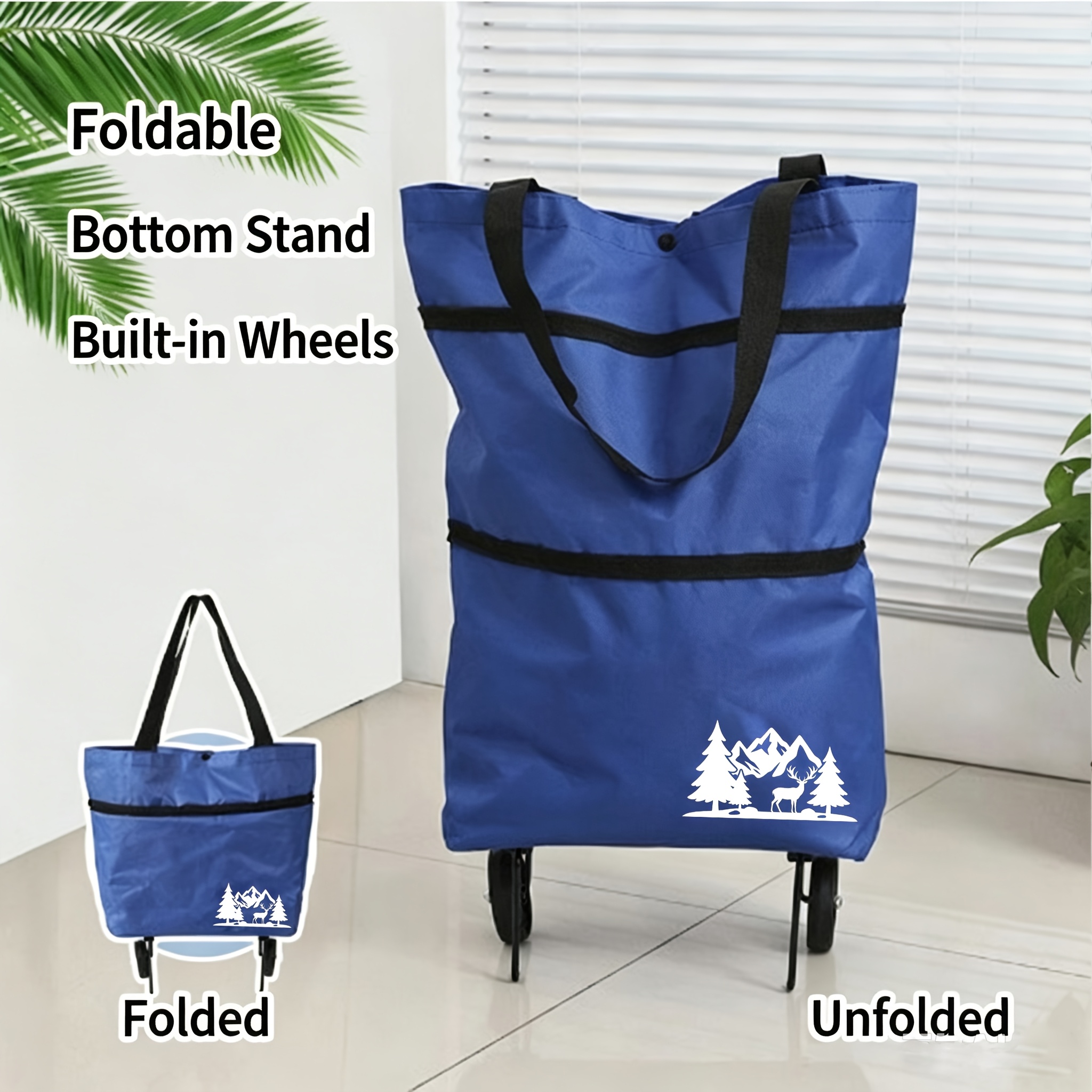 TEMU Portable Grocery Shopping Foldable Oxford Cloth Cart, Reindeer Print Folding Cart, Lightweight Wheeled Cart