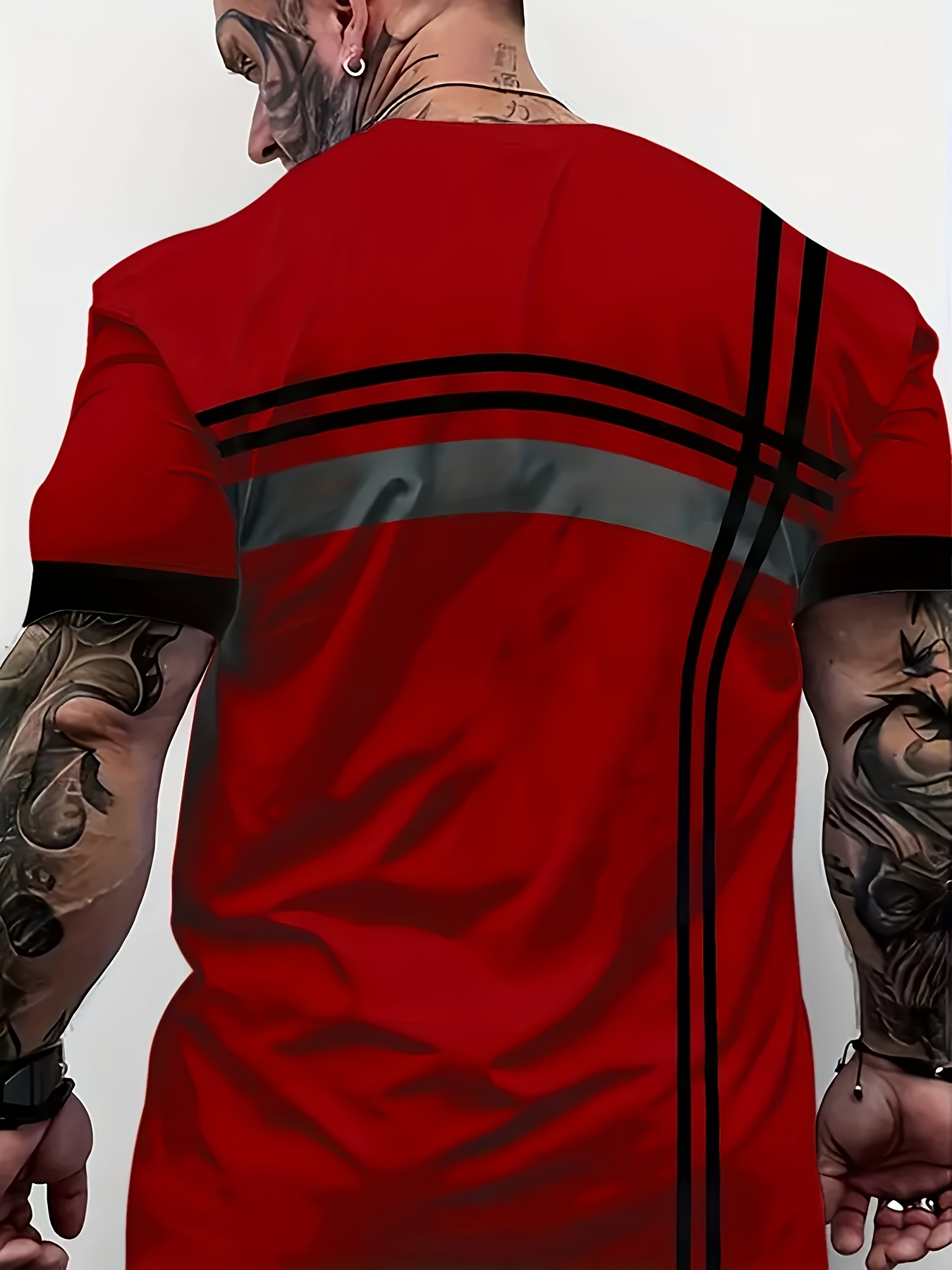 Men's Casual Athletic Red T-Shirt - Short Sleeve, Round Neck, Polyester Blend, Stripe Print, Machine Washable - Ideal for Summer Leisure and Sports, PLUS SIZE