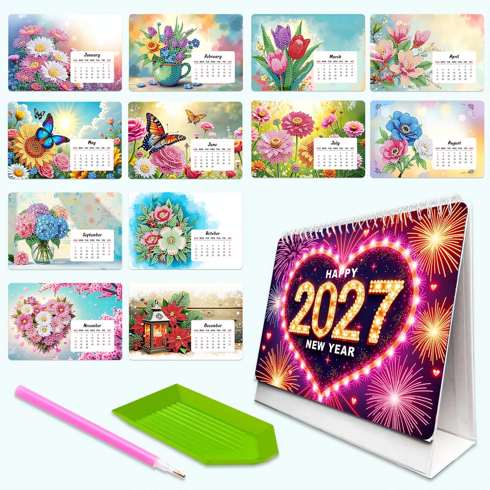 Image of 2027 Diamond Painting Kit, Floral & Pattern + New Year Fireworks Calendar, Mosaic Craft, Spiral Bound Paper Material, For & Office Supplies, Suitable For Diy Beginners