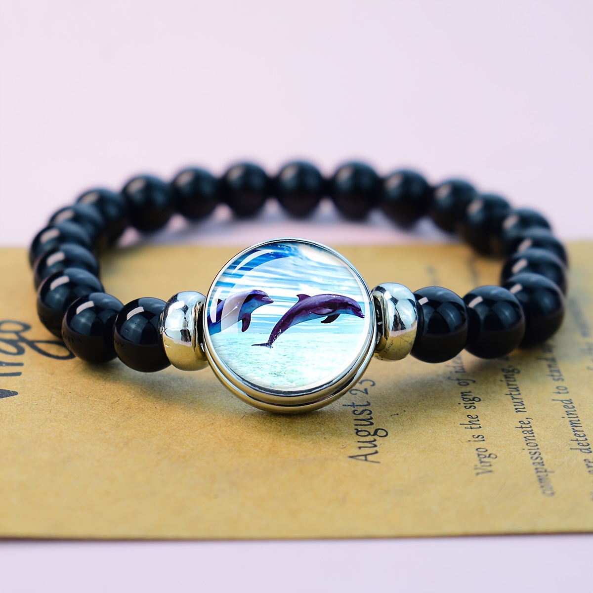 TEMU 1pc Dolphin Ocean Scene Beaded Bracelet With Glass Cabochon Center Charm For And Sea Life Enthusiasts