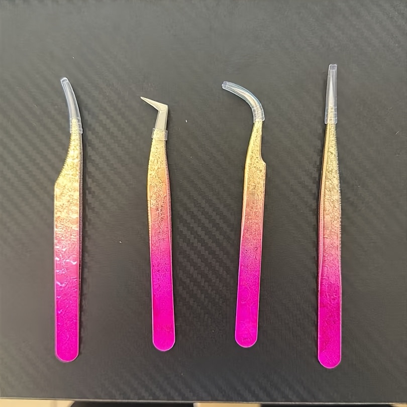 TEMU 4pcs Gradient Eyelash Tweezers Anti-static Straight Bent Multi-style Eyelash Extension Tweezers Eyelash Technician Removal Tool Set