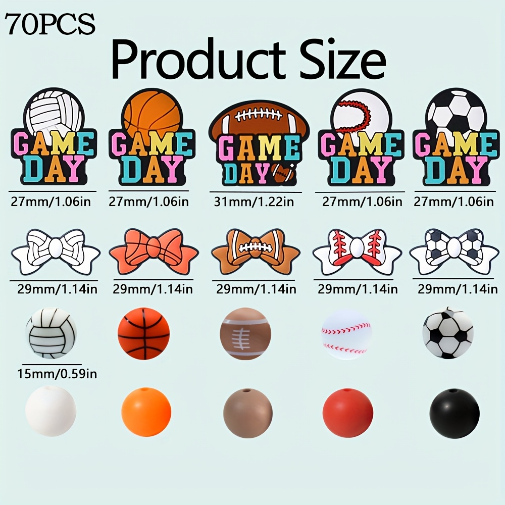 TEMU 70pcs Vibrant Sports-themed Silicone Beads - Football, Baseball, Basketball, Soccer, Volleyball, Etc. - Multicolored Game Day Series, Suitable