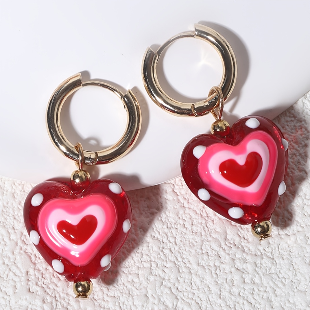 

1 Pair Red Heart Glass Earrings With Golden-tone Hoops - Hand- Valentine's Day Gift, Cute For Women, Casual Attire Or Party Accessories