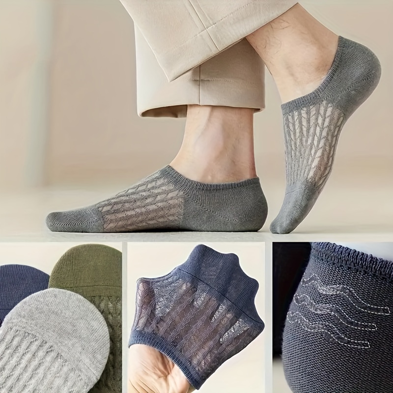 

7 Pairs Of Men's Simple Solid Mesh Invisible Socks, Comfy Breathable Soft Non-slip Socks For Men's Summer Outdoor Wearing