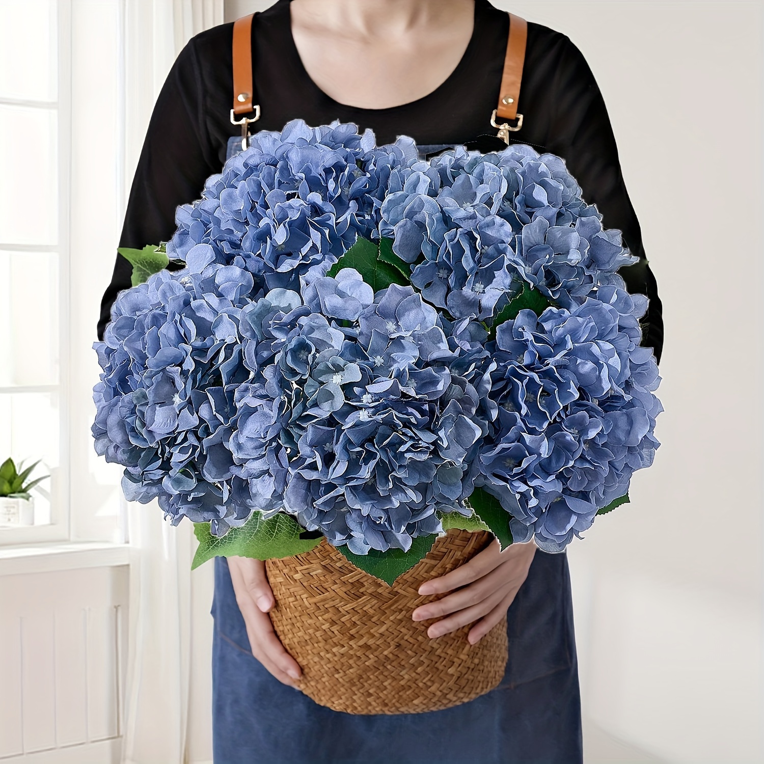 

Fabric Hydrangea Artificial Flowers, 7 Stems Blue Faux With Large Leaves For Home Decor Accents & Embellishments