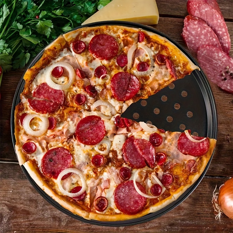 1 pizza pan 1pc cleaning cloth baking tool round carbon steel coated 12 inch carbon steel perforated   baking pan   1 cleaning steel wire cloth