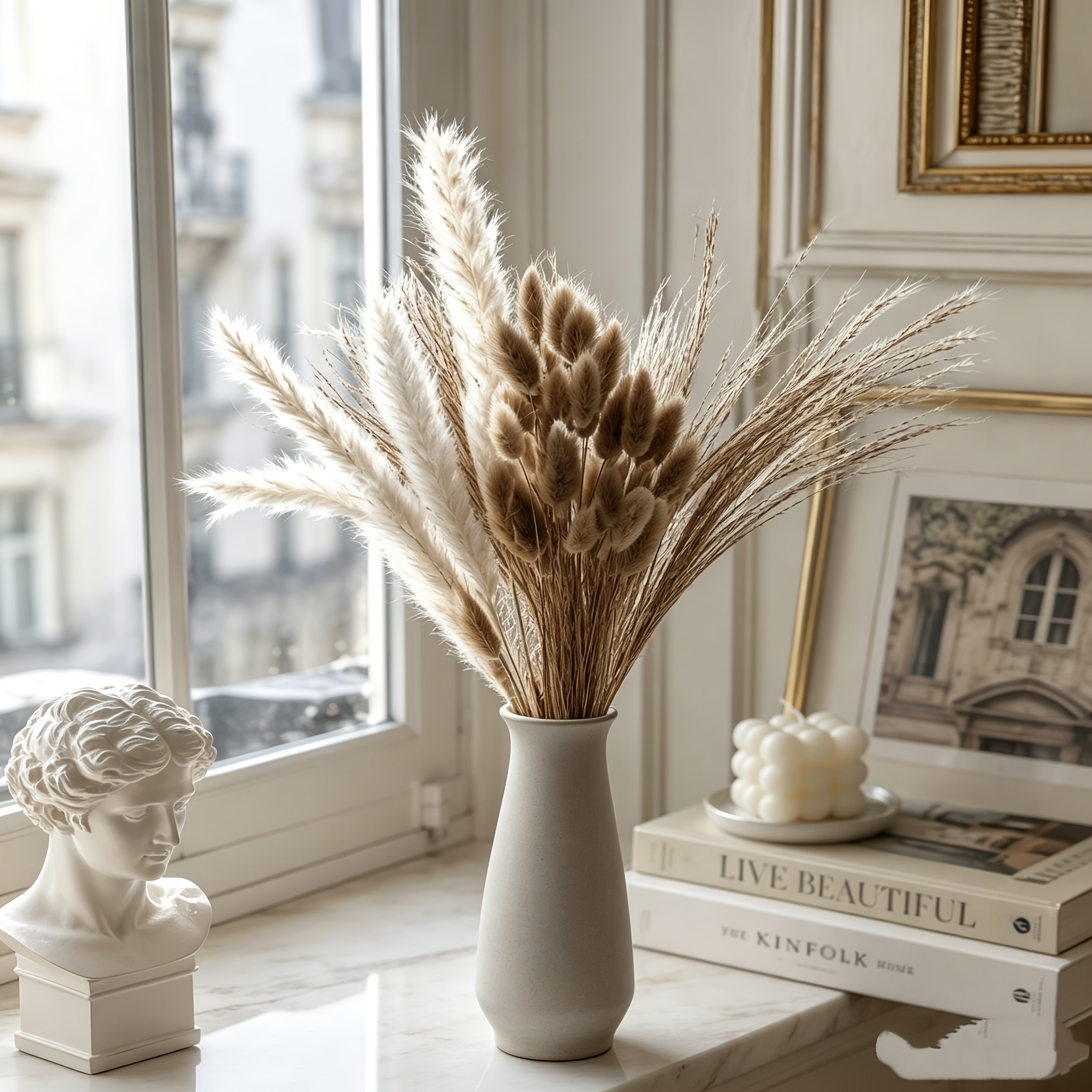 Image of 64pcs Beige& White Artificial Fluffy Plume& 's-tail Stems Bouquet- Durable Low-maintenance Faux Floral Modern Home, Wedding& Party Decor, Accents(vase Not Included), Christmas Decor, Halloween Decor