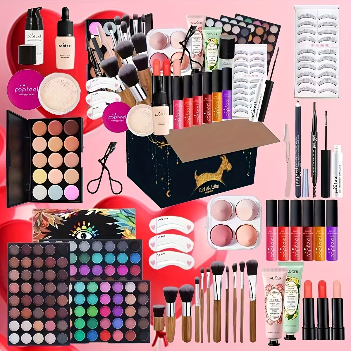 TEMU Day Gift - Pufeel Complete Makeup Kit For Beginners - Professional Brush Set, Eyeshadow Palette & More In Berry, Coral, Pink, Blue, Golden Shades