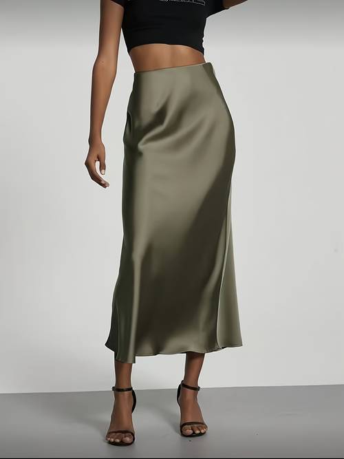 womens satin spandex high waist elegant midi skirt flowy skirt versatile commuter style for mature women suitable for vacations birthdays parties festivals and