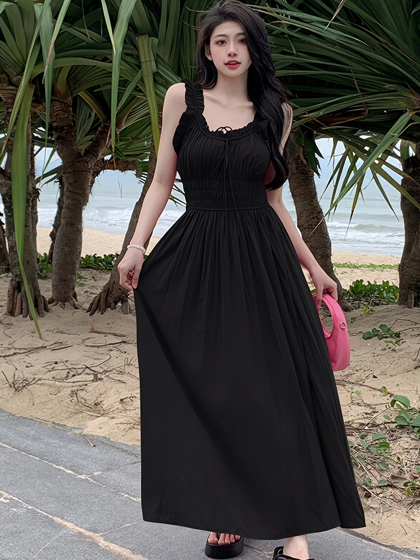 knee length dresses for ladies GREEN LOW-CUT PUFF SLEEVE PLEATED LOOSE DRESS  Bella Galvan