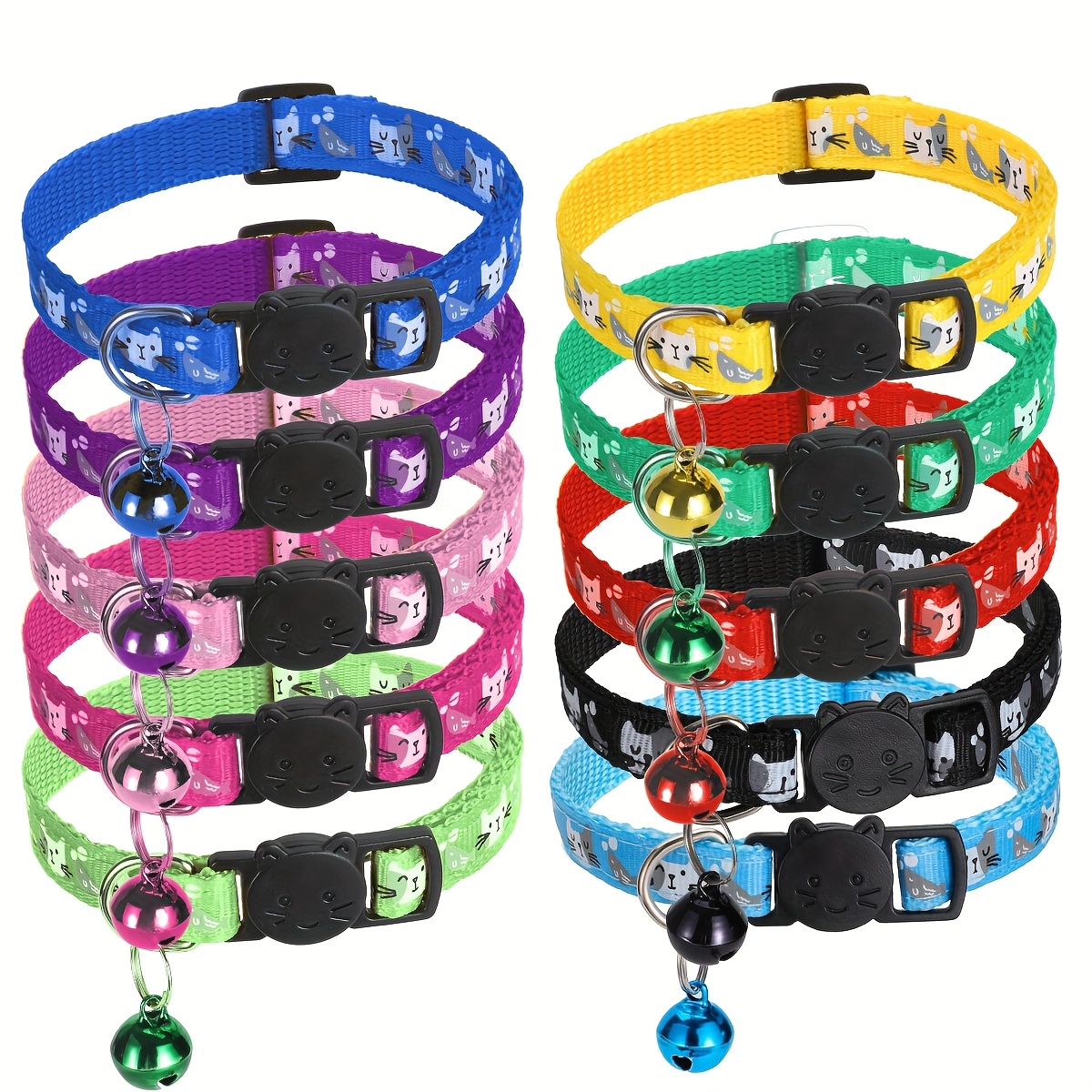 TEMU 10-pack Reflective Breakaway Cat Collars With Bells & Round Ears, Durable Polyamide Material, Adjustable Collar Set With Patterns
