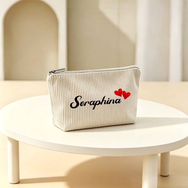 TEMU Customizable 1pc Wash Bag, Corduroy Women's Cosmetic Pouch With Base, Name Customization, 8 Colors , Multi-functional Spacious Large-capacity
