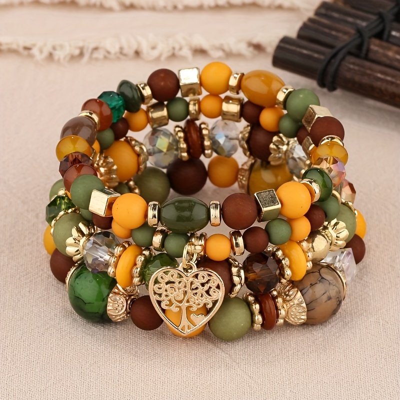 

Bohemian Ethnic Style Multi Piece Set Colorful Rice Bead Beaded Bracelets, Artificial Crystal Hollow Heart Charm Multi-layer Beaded Bracelet Hand String For Ladies