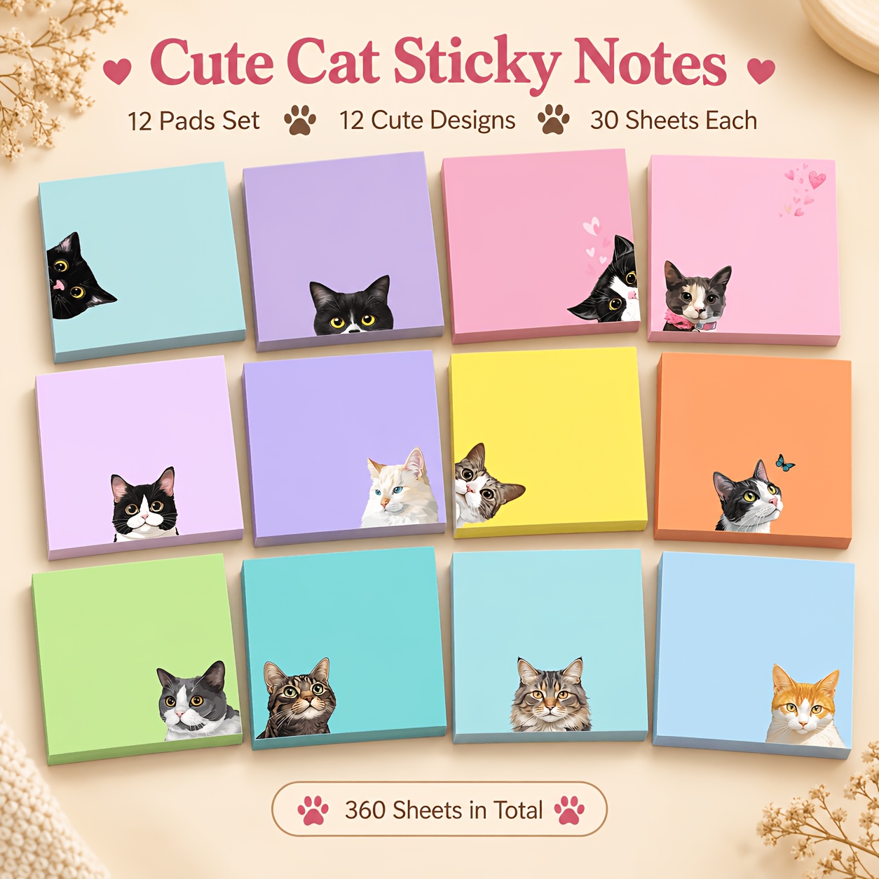 TEMU Cute Cat Sticky Notes Set, 12 Pads 360 Sheets, 3 X 3 Inch Colorful Self-stick Memo Notes With Adorable Cat Designs For Office, School, Study,