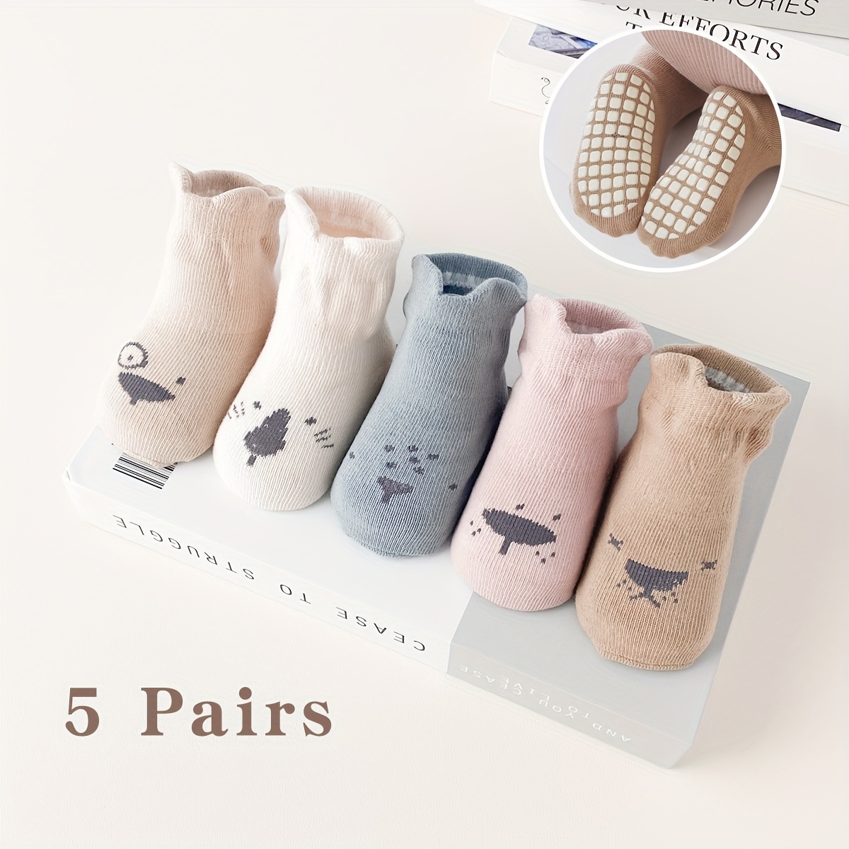 5 Pairs Of Baby Boys Socks, Cute Cartoon Animal Pattern Non-slip Toddler Socks, Boys And Girls, Infant Socks