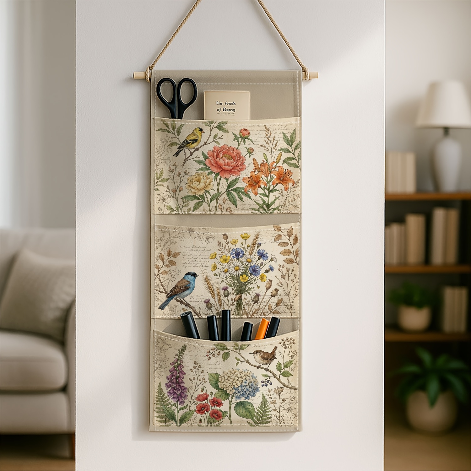 TEMU 1pc Floral Wall-mounted Storage Bag, Featuring A Beige Natural Illustration, Is A Decorative, Fabric Hanging Storage Solution Ideal For The