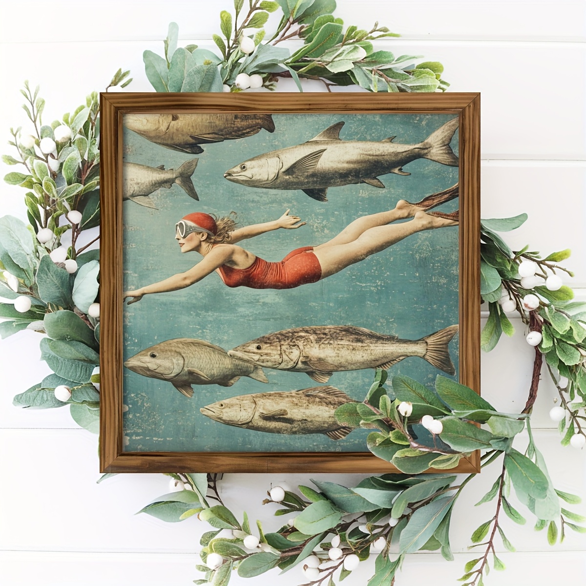 Image of 1pc Vintage Swimmer With Fish Frame Wooden Sign Theme Wall Art Decorative Sign, 8x8 Inch Wall Hanging For Bedroom, Living Room, Bathroom, Office, Kitchen Decor