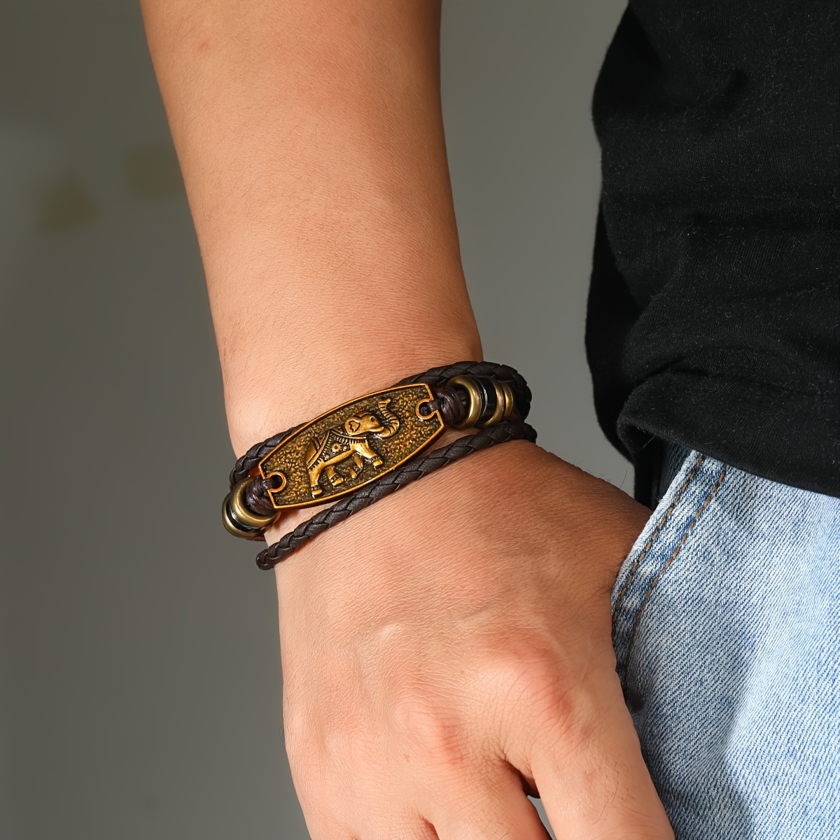 Alloy Elephant Beaded Leather Bracelet Men Woven Accessory