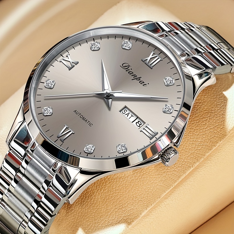 Image of Dianpai Men' Mechanical Watch Stainless Steel Luxury Rhinestone-accented Dial Date Display Business Casual Wristwatch Gift For Him, Bling Watches, Formal