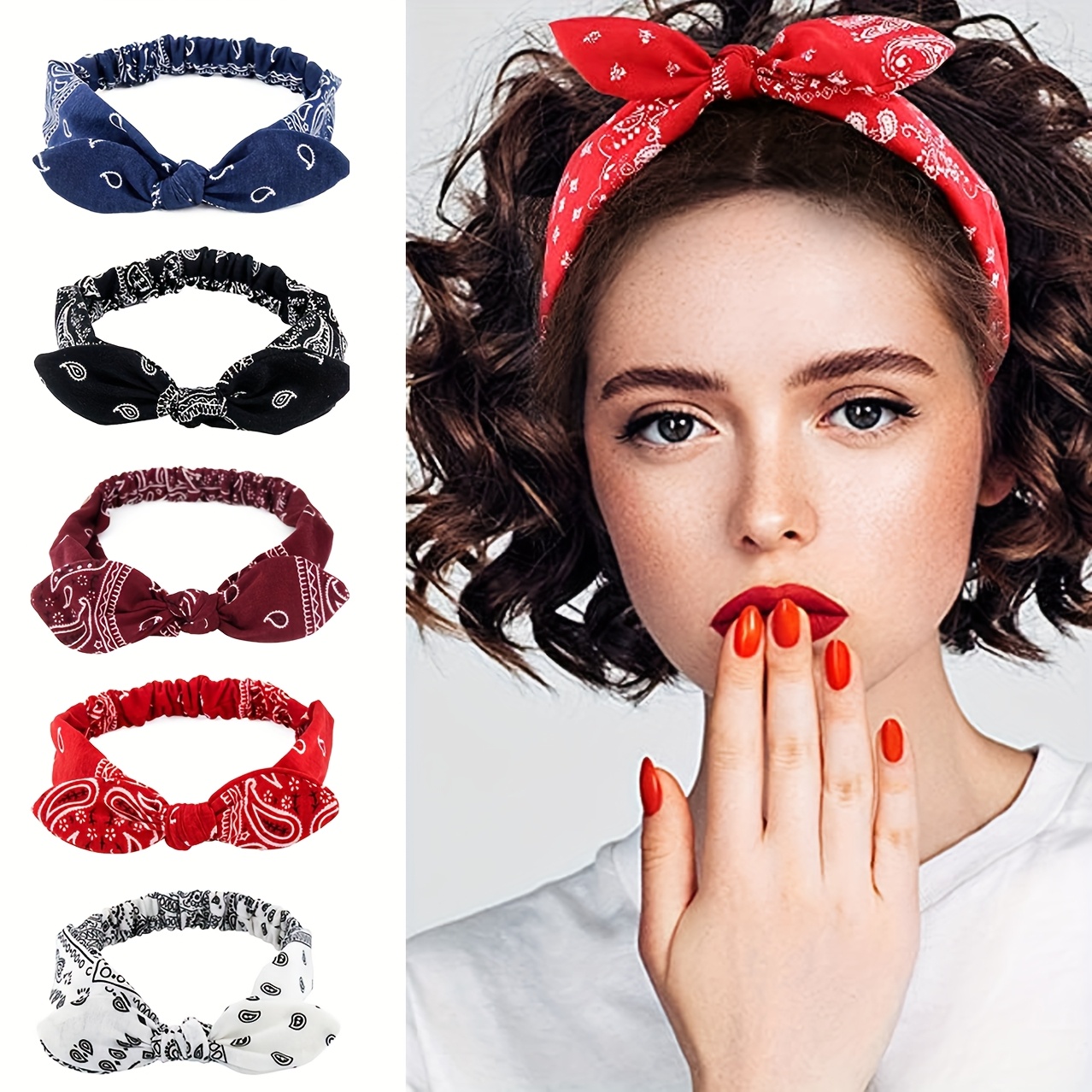 Image of 10/5pcs Vintage Bohemian Bow Headbands: Hair Accessories For Women With Paisley Print And Normal Hair Texture