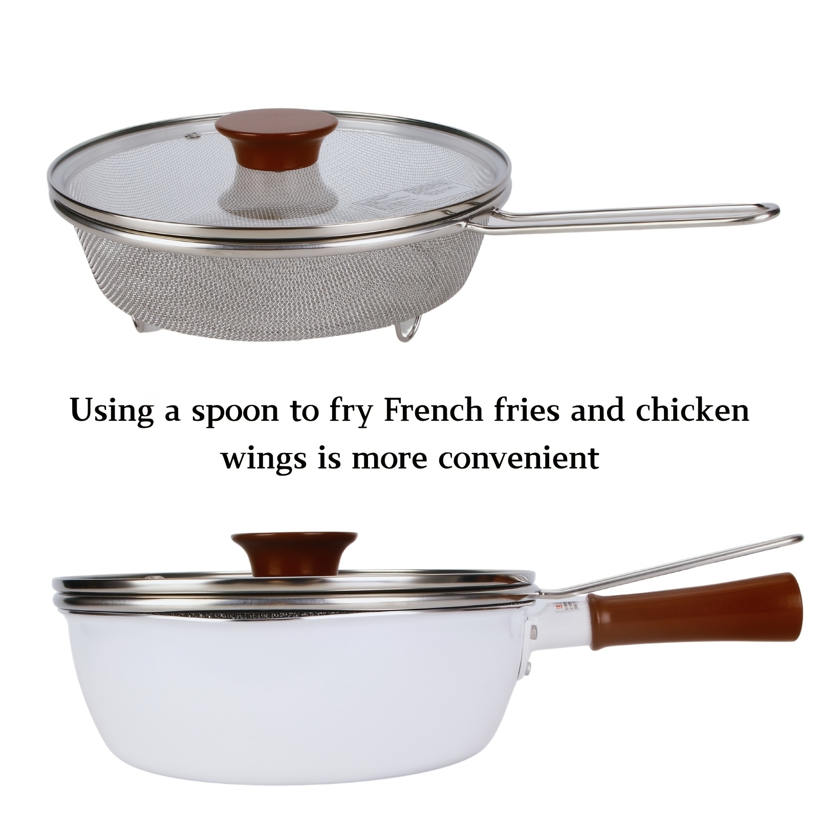 stainless steel fry pan with strainer and clear lid multifunctional single handle deep fryer pot dishwasher safe     and fries details 5