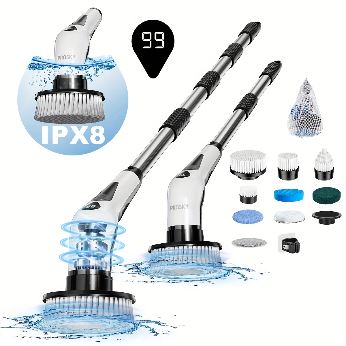 Electric Spin Scrubber, Cordless Shower Scrubber IPX8 Waterproof with LED Display, 9 Multi-Functional Brush Heads, Adjustable Detachable Pole