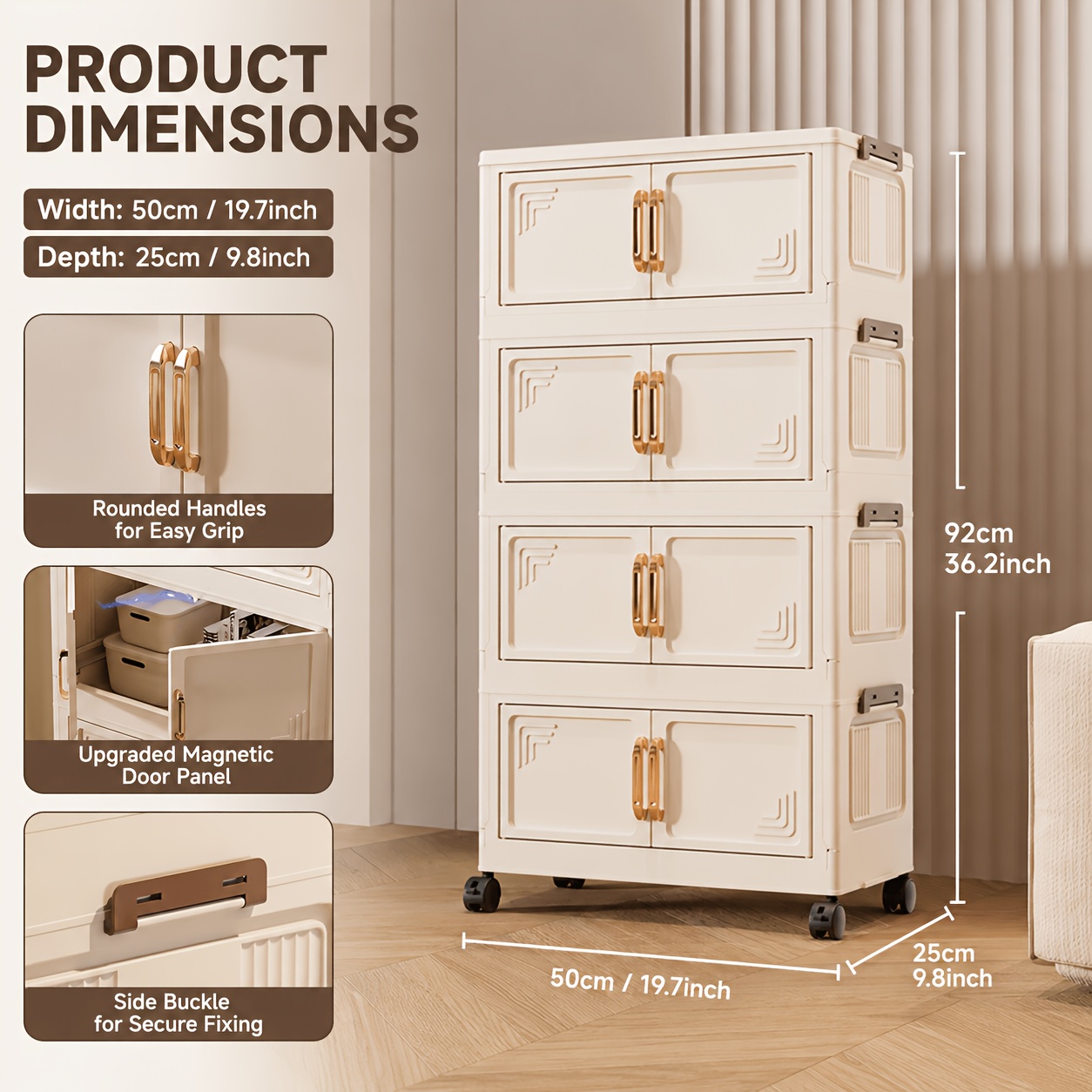 Elegant 4-layer Foldable Cabinet With Hot- Golden Handle, Thickened Pp Storage Box Organizer, For Living Room Decoration And Sofa Side Table