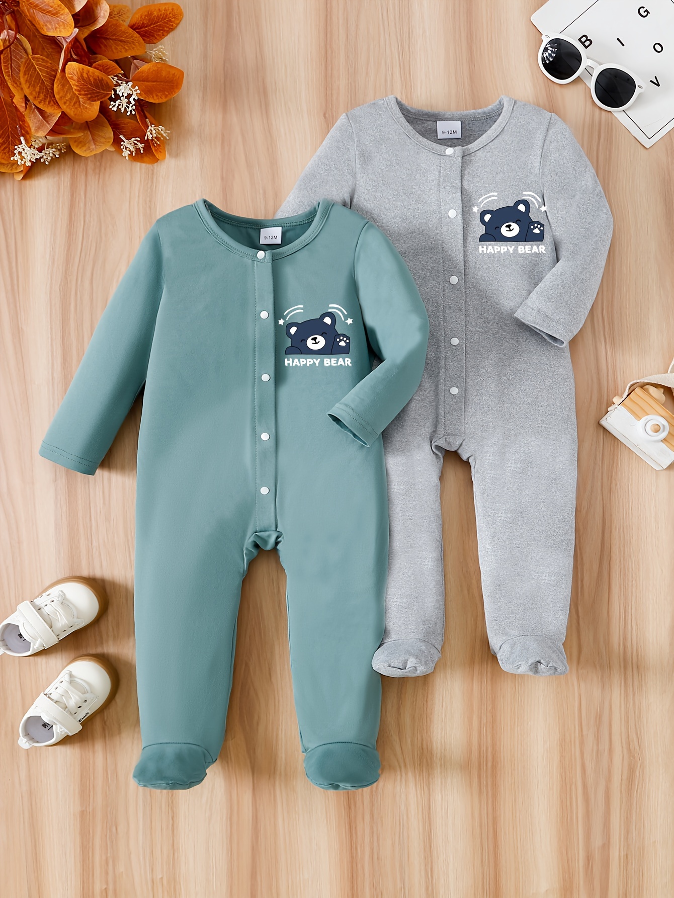 two piece spring and autumn boys round neck bear print long sleeve casual bodysuit   outdoor