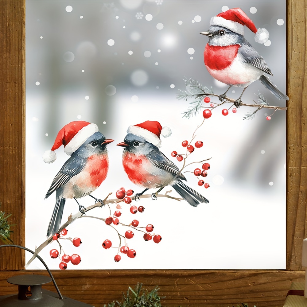 

Christmas Birds & Berries Window Clings - Self-adhesive Red Bird Decals For Glass, Festive Home Decor With Scarf Design