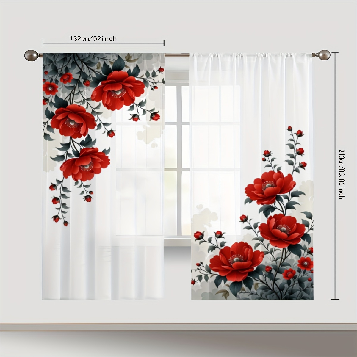 TEMU 2pcs Red Floral Curtains - Large Pattern, Lightweight , Semi-translucent & Breathable For Indoor/outdoor Use, Rod , Decorative Drapes For Living