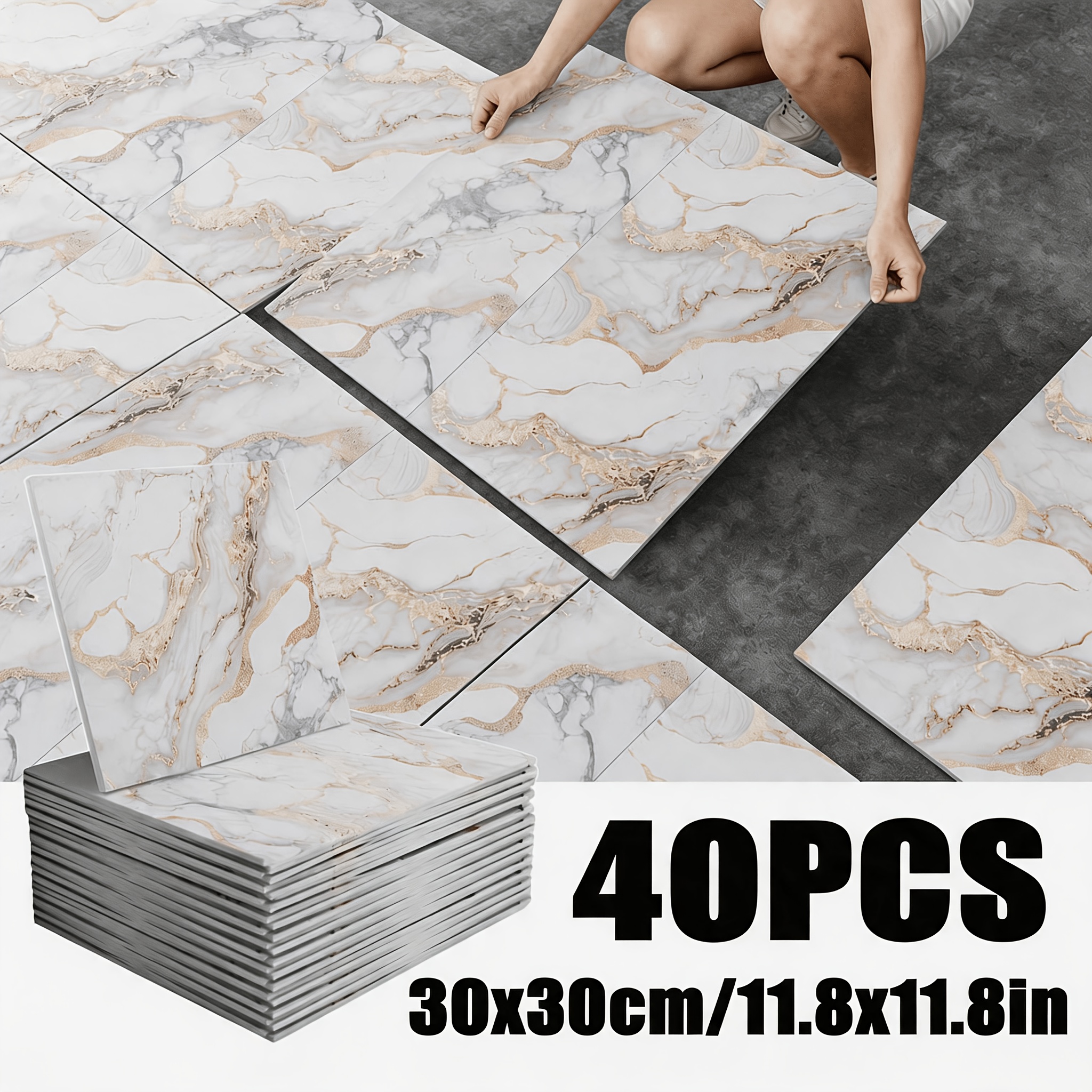 40pcs 30 X 30cm/11.8 X 11.8in Glossy Imitation Marble Tile Stickers, 3d Three-dimensional Wall Panel Hanging Decorative Tiles, Elegant Waterproof And Design, Off Without Residue, Bathroom