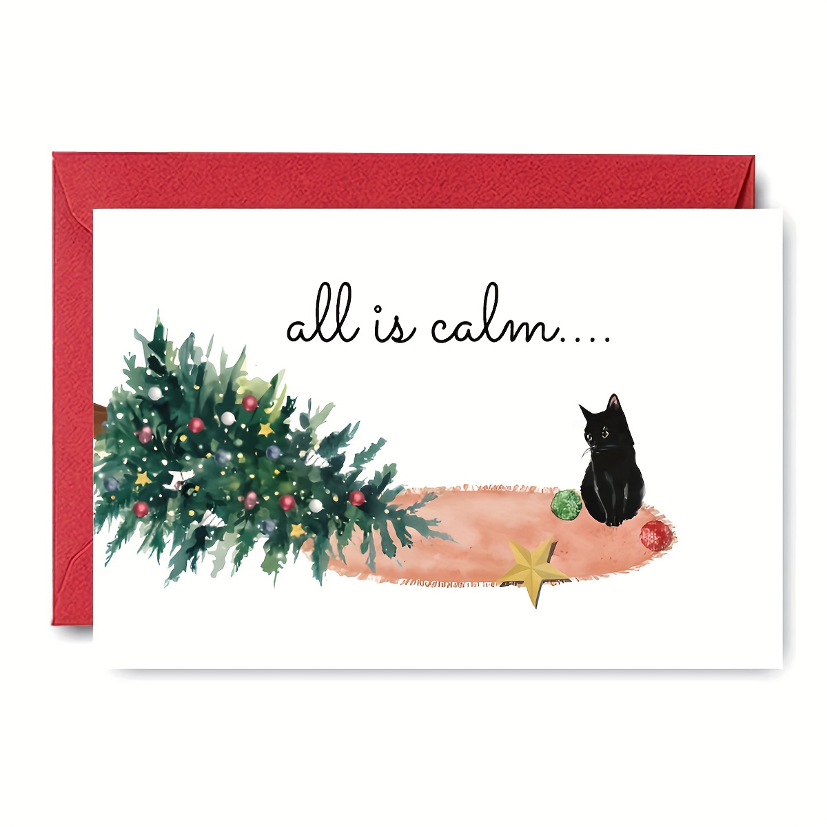 TEMU "" Christmas Card - Minimalist Black Cat & Decorated Tree | Vintage Rug Design, Suitable For Cat Owners, Holiday Decor