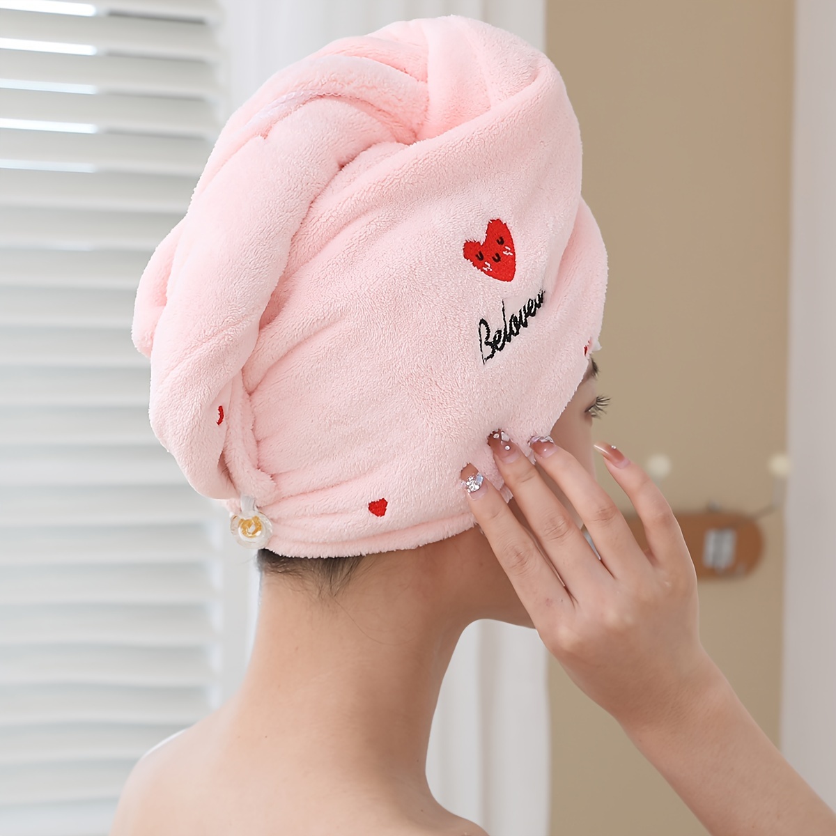 

1pc Heart Embroidered Hair Wrap Towel, Absorbent & Quick-drying Lady's Turban, Super Soft Dry Hair Cap, For Long & Short Hair, Ideal Bathroom Supplies
