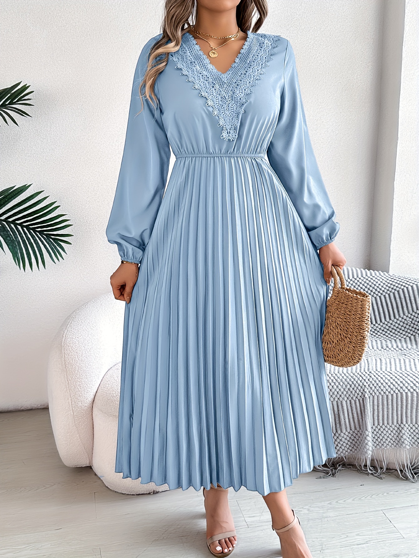 womens light blue lace trim v neck long sleeve dress fitted - Temu