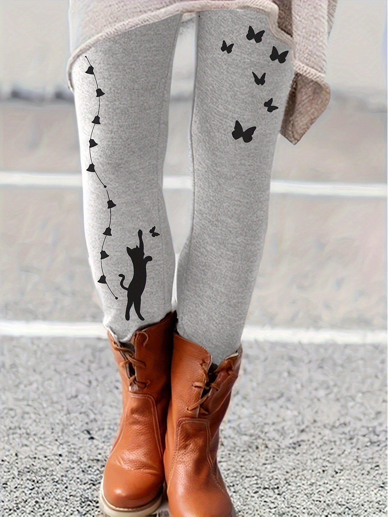 Cat & Maple Tree Print Skinny Leggings, Casual Elastic Waist Stretchy  Leggings, Women's Clothing