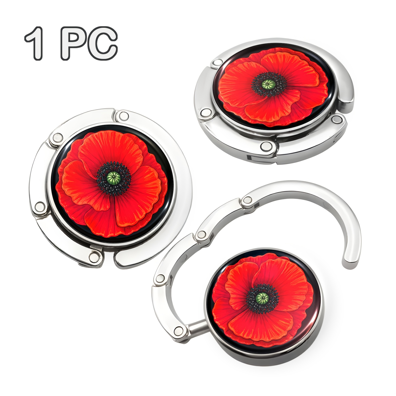 TEMU Crochet Portable avec Fond Noir et Motif Floral de Coquelicots Rouges, Crochet de Rangement Pliable pour Sac à Main, Style Mature, un Cadeau