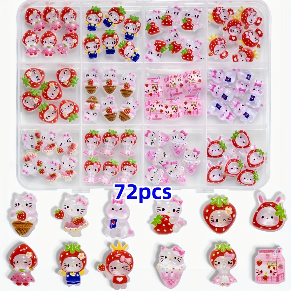 Image of 12-grid Hellokitty Resin Nail Charms- 72pcs Adorable Mini Mixed Cartoon Hellokitty With Strawberry Decoration, Perfect For Jewelry Making, , , Phone Cases & More