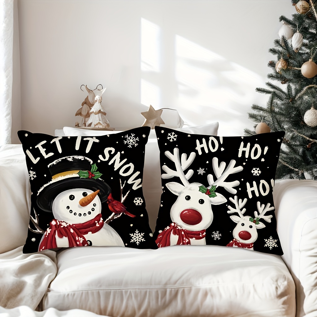 

4pcs Christmas Snowman & Reindeer Throw Pillow Covers - Contemporary Style, Zip Closure, Machine Washable For Sofa, Bed, Car, And Home Decor