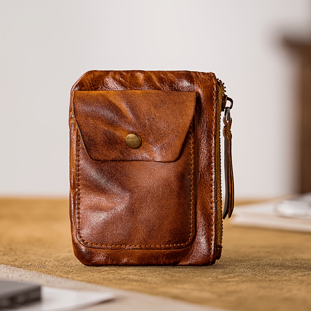 TEMU Men And Women's Leather Wallet - Ultra-thin Zipper Coin Purse With Card Slot, Snap Button , Compact Change Storage And Card Holder - Leather