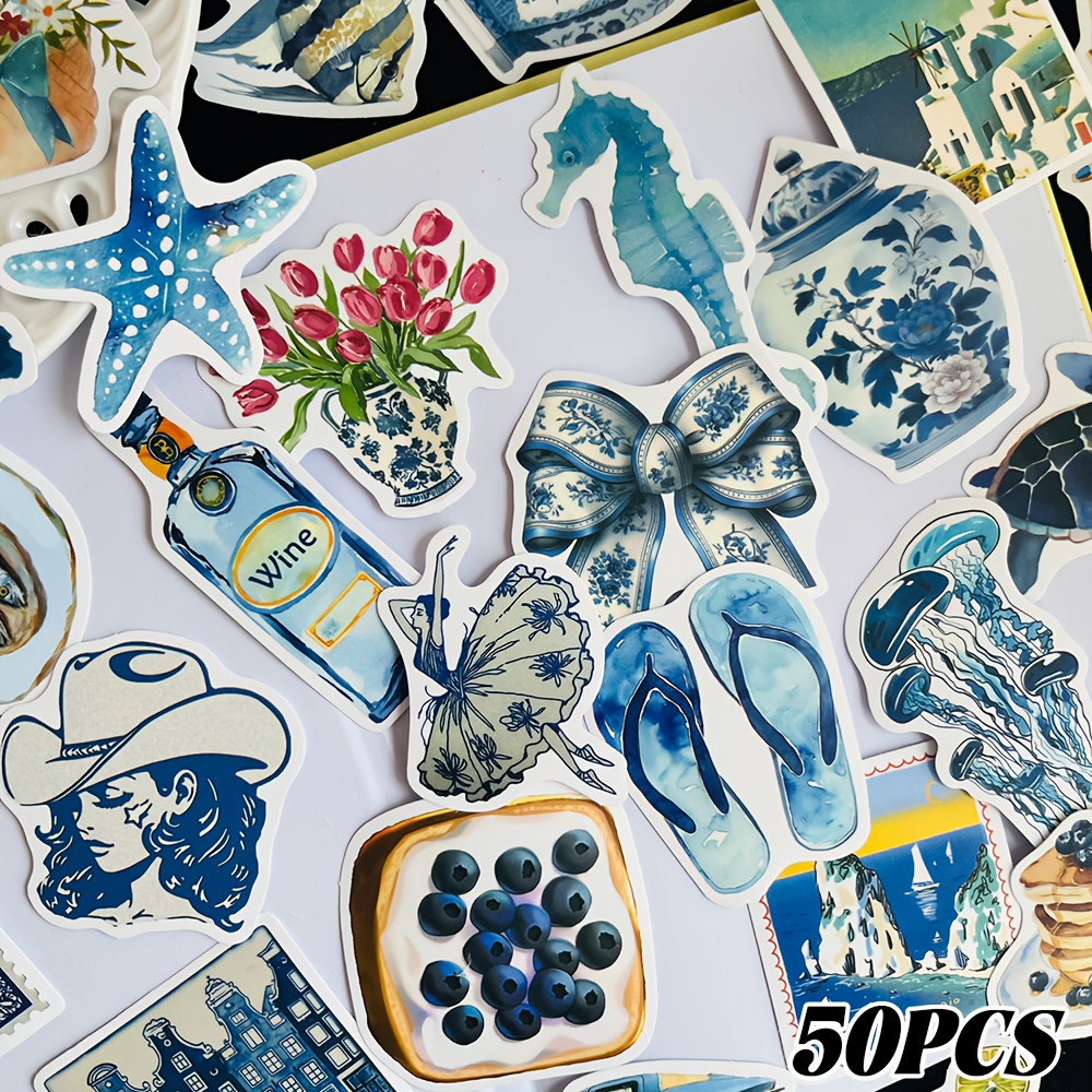 50 Long Blue Aesthetic Stickers, Pvc Material, Gift Cartoon Decorative Stickers, Suitable For Scrapbooks, Laptops, Luggage, Guitars, Water Bottles, Phone Case Diy Decals
