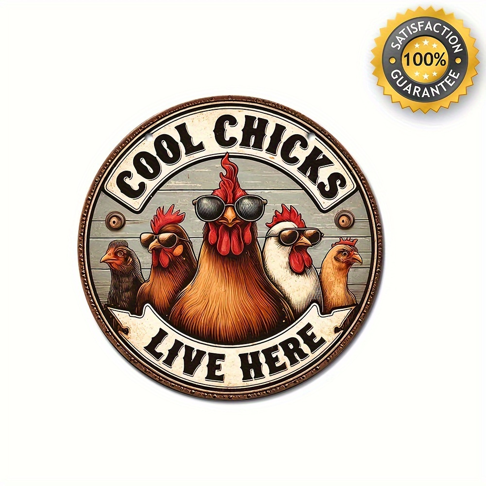 

1pc Round Vintage Metal Chicken Coop Decor Sign, "cool Chicks Live Here" Aluminum Tin Plaque (8x8 Inches), Farmhouse Decor, Chicken Coop Funny Outdoor Hen Sign, Pre-drilled For Easy Hanging