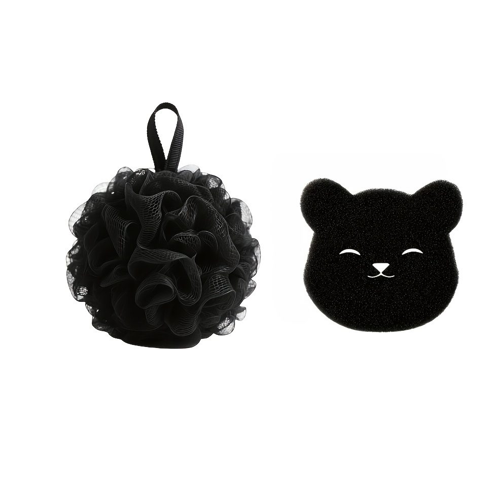 TEMU 2pcs Soft Mesh Shower Sponges - 1pc Cleaning Ball And 1pc Depilatory Sponge, Black And White Striped Design For Exfoliating Body Back, Ergonomic