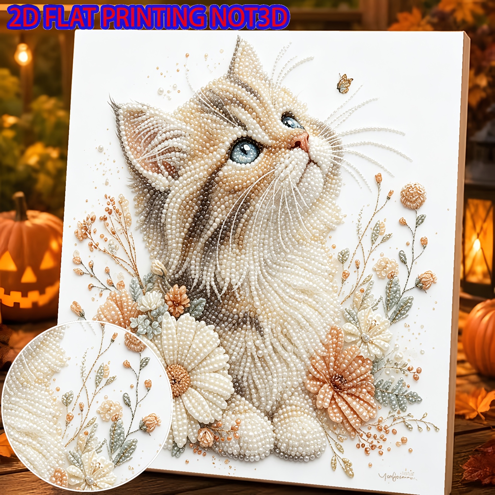 TEMU 2d Flat 1pc Floral Spirit Cat Theme Pearl Painting Hand- Diamond Creative Diamond Painting Kit, Includes Pearls And Some Diamond Embellishments,