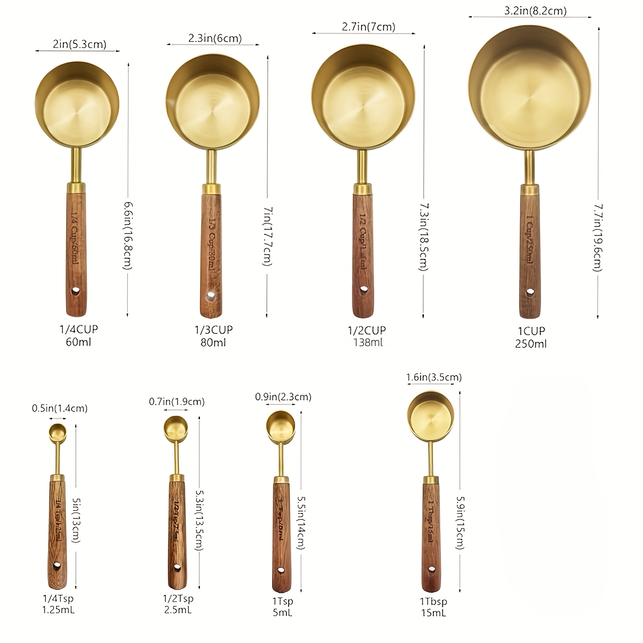 TEMU A Set Of 8 Golden Stainless Steel Wood-handled Measuring Cups, Made Of High-quality Stainless Steel, Golden-plated And Polished, Dry And Liquid
