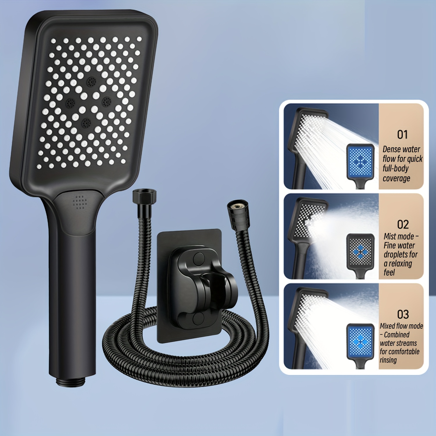 3pcs Square Three-Setting Rain Shower Head Set with Hose Holder
